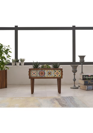 Halohope El Yapımı Ayaklı 4 Çinili Dekoratif Modern Ahşap Dikdörtgen Bahçe Balkon Saksı Saksılık Çiçeklik