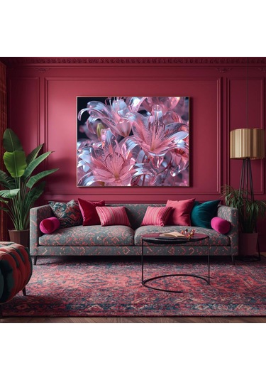 Pembe Çiçekli Cam Tablo Çerçeveli Temperli Tekli Yatay