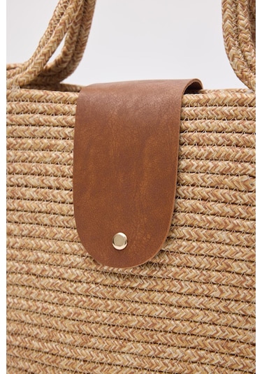Shule Bags Duffy Kapaklı Handmade Hasır Tote Çanta Vizon Vizon