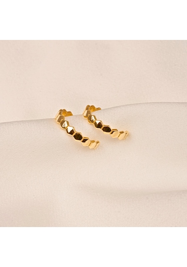 925 Ayar Gümüş Bal Peteği Modelli Altıgen Küpe Sarı