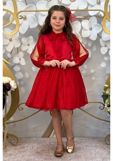 Kırmızı Tül Etekli Simli Çocuk Elbise 001