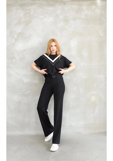 Ge Ticaret Osy Modal Yumuşak Dokulu Kumaş Bisiklet Yaka Parçalı Detaylı Kısa Kollu Takım - Siyah Siyah