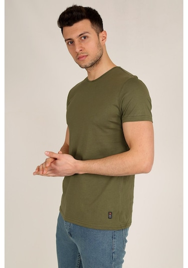 Erkek Haki Slim Fit Bisiklet Yaka Basic T-shirt Haki