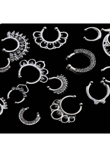 Suntek 21 Parça Kristal Sahte Septum Clicker Burun Gümüş Gümüş
