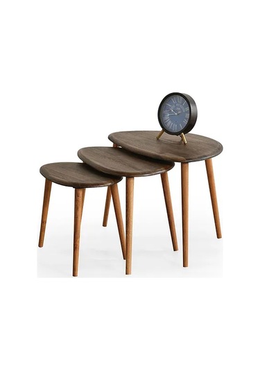 Favdecor Masif Doğal Ahşap Zigon Sehpa 3'lü Set Koyu Meşe