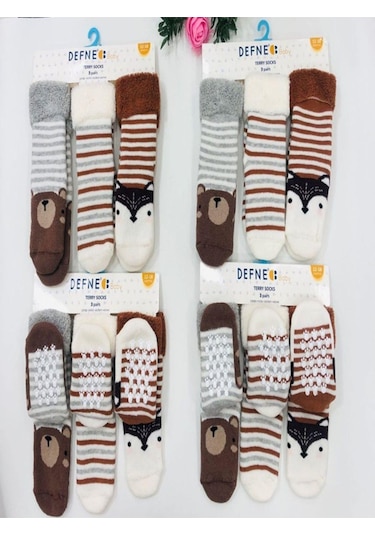3 Çift Havlu Pamuklu Kaydırmaz Taban Kışlık Erkek Çocuk Ve Bebek Soket Çorap-798 Kahverengi