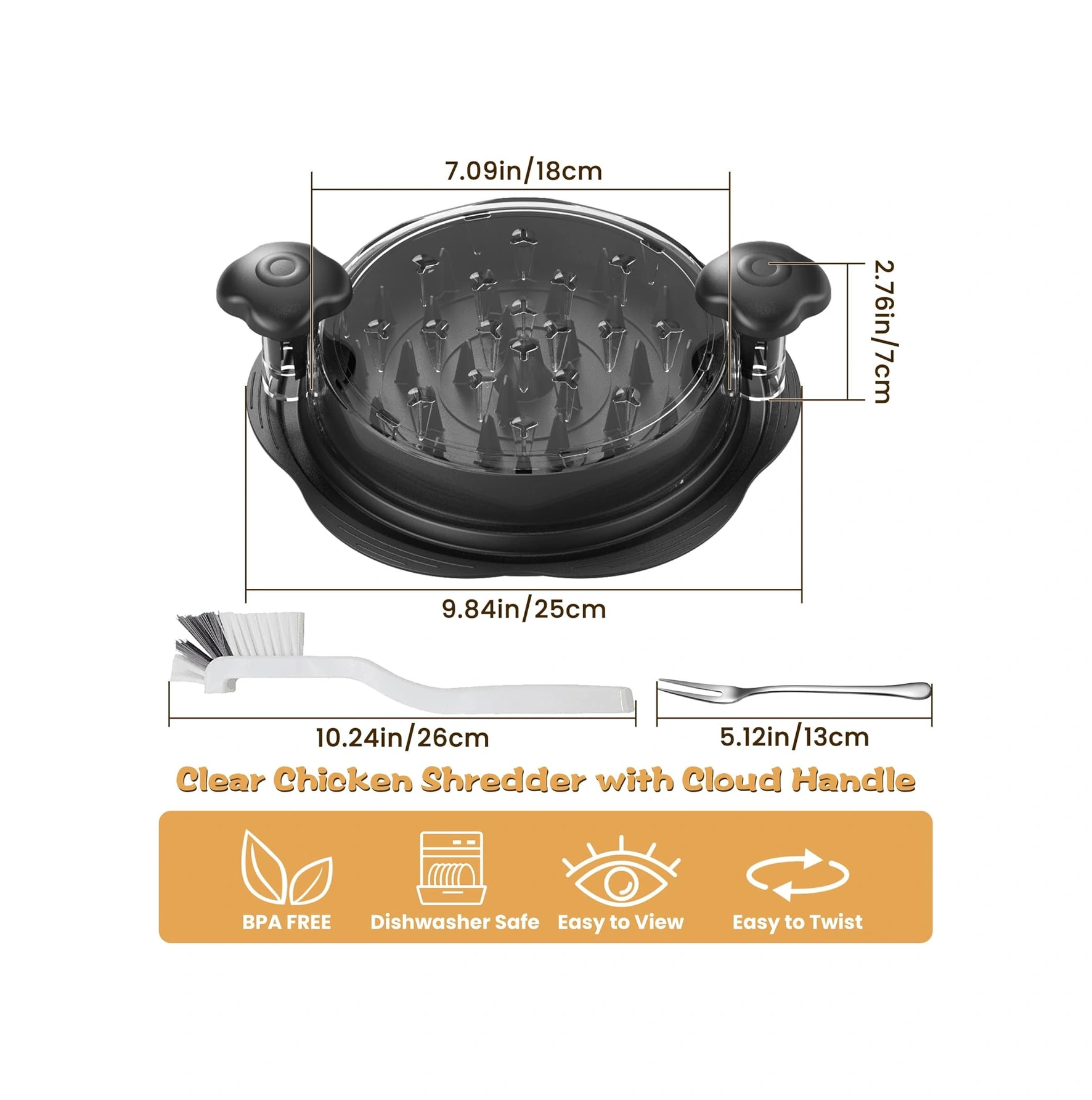Kosona Kahverengi Tavuk Dilimleyici, Cam Kapağı, Ergonomik Saplı, Taze Et Kesici Aleti, Paslanmaz Çatal Ve Nilon Fırça İle Tam Set Siyah