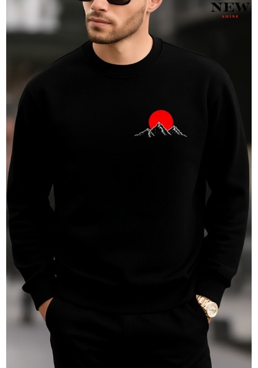 Kırmızı Dağ Baskılı Bisiklet Yaka Sweatshirt Siyah