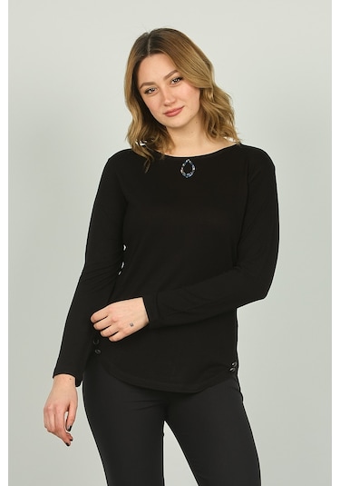 Sistas Kadın Süs Düğmeli Uzun Kol Bluz 23538 Siyah