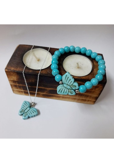Soma Bijuteri Firuze Taşı Kelebek Model Kolye Bileklik Takım