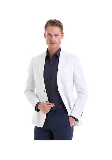 Hatemoğlu Beyaz Comfort Fit Düz Mono Yaka Casual Keten Ceket Beyaz