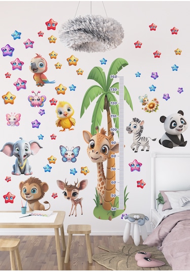 Sevimli Hayvanlar Temalı Boy Ölçer Duvar Sticker Mat, Sökülebilir, Çocuk Odası Dekoru 01