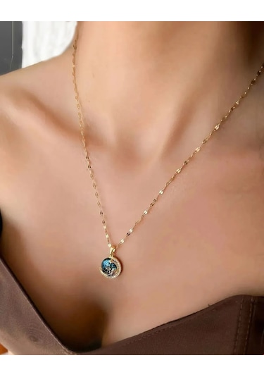 Kararmaz Gökyüzü Ay Model Gold Kadın Gezegen Çelik Kolye Çok Renkli