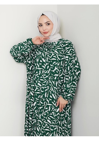 Desenli Önü Büzgülü Viskon Elbise - Yeşil / E0131 Yeşil