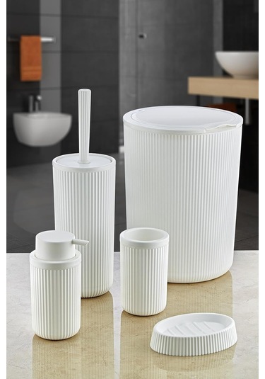 5 Parça Lüx Plastik Banyo Seti 7 Litre Dokunmatik Çöp Kovalı, Antibakteriyel Fırça Beyaz Siyah