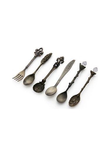 Sones Adet / Set Vintage Mini Kahve Kaşıkları Takım Kraliyet Tarzı Metal Oymalı Kahve Meyve Kesici Tatlı Çatal Bıçak Takımı Mutfak Aletleri Antik Bronz Antik Çatalla