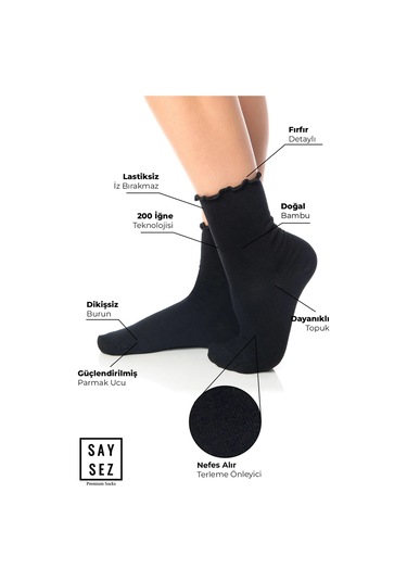 Bambu Kadın Lastiksiz Siyah Fırfırlı Soket Dikişsiz Çorap 3'lü Paket / İz Bırakmaz / Sıkmayan Çorap Renkli