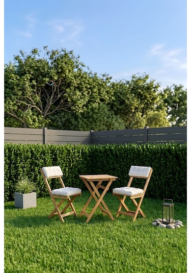 Duo Balkon Bahçe Mutfak Katlanır Masa Bej Rengi Minderli Sandalye Bistro Set Bej - Krem