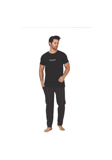 Dreamy Pamuklu Cepli Kısa Kollu Çizgili Erkek Pijama Takımı Siyah