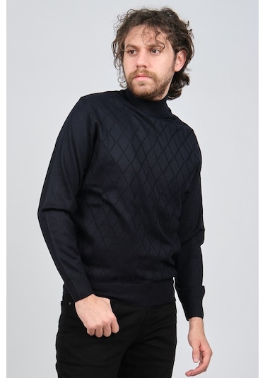 Pave Erkek Yarım Balıkçı Baklava Desenli Yün Kazak 4537220 Lacive Lacivert