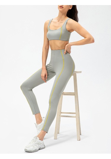 Moveevo Kadın Fitness 2'li Set: Dekoratif Çizgili Bra + Tayt, Gri Yeşil, Avrupa Beden 8/l Antrenman Ve Yoga İçin Yeşil