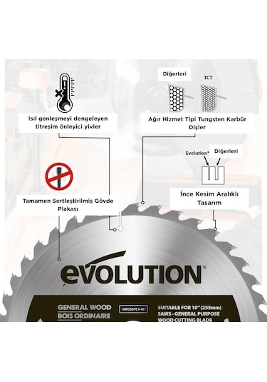Evolution Gw255tct-40 Ahşap Daire Testere Bıçağı, 255mm