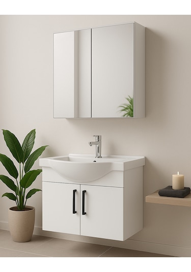 Nova 80 Cm Mdf Beyaz, Oval Seramik Lavabo, Banyo Dolabı Beyaz