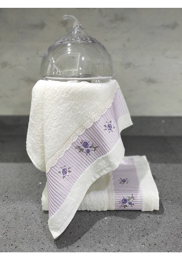 %100 Pamuk & Nakışlı Havlu Takımı - 2'li Dantelli Havlu Seti - 40x60 Cm Lila Lila