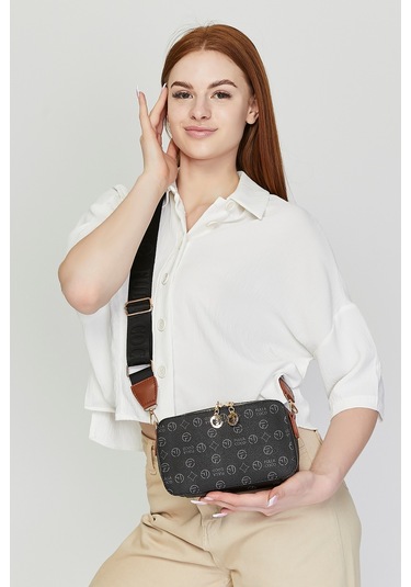 Morpelikan Siyah Monogram Kolon Askılı Kadın Omuz Çantası Siyah
