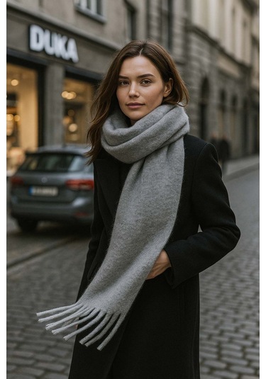 Kadın Püskül Detay Atkı Omuz Şalı 40x200 Cm 1295 Antrasit Antrasit