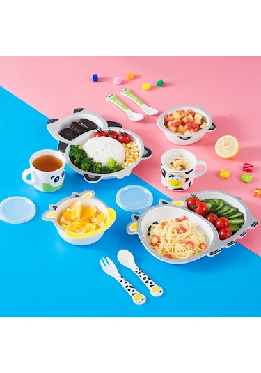 Sones Bambu Elyaf Çocuk Sofra Takımı Ev Sevimli Karikatür Bebek Maması Takviyesi Tabak Seti 042 Aslan