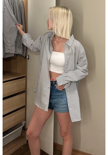 Madmext Siyah Çizgili Over Fit Gömlek Mg1525 Siyah
