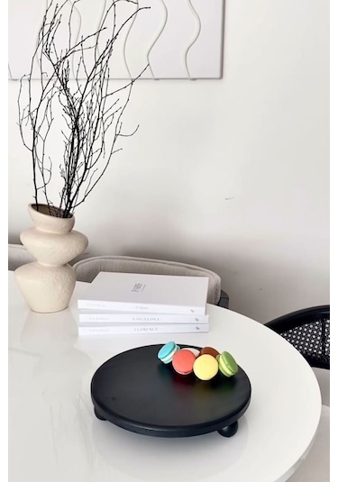 Risus Siyah Top Ayaklı 29 Cm Ahşap Yuvarlak Pasta Sunum Tabağı