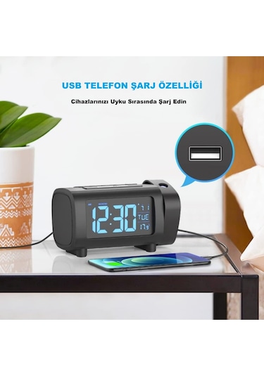 Hymark Mavi Projeksiyonlu Çalar Saat Fm Radyo Dijital Saat Usb Şarj Sıcaklık 4 Seviye Parlaklık Siyah