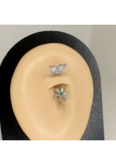 Aya Tasarım Gümüş Renk Kelebek Ve Çiçek Model Göbek Piercing Gümüş