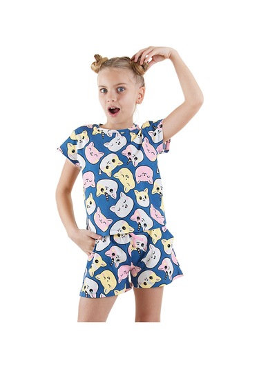 Denokids Sevimli Kediler T-shirt Şort Takım Renkli Çok Renkli