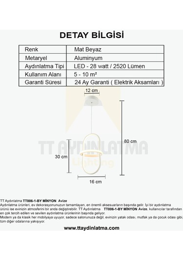 Tt006-1-By Tt Aydınlatma Minyon Modeli Tekli Mat Beyaz Led Avize