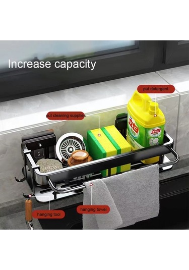 Novahub Çok Fonksiyonlu Paslanmaz Çelik Bulaşık Organizatörü - Sponge, Sabun Ve Havlu Askısı Siyah Siyah
