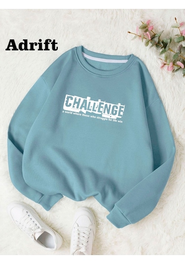 Challeng Renkli Oversize Bisiklet Yaka Pamuklu Sweatshirt