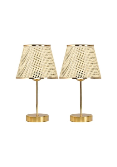 Star Gold Ayaklı Abajur Altın Şeritli Hasır Başlık Yatak Odası Salon Masa Lambası 2 Adet Altın Krem