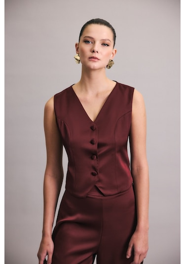Sateen Klasik Düz Yelek - Bordo-137030 Bordo
