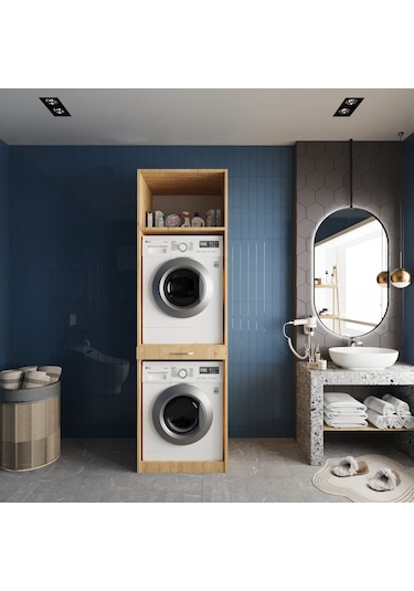 Piramit Çamaşır Ve Kurutma Makinesi Dolabı Banyo Dolabı Meşe Meşe