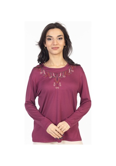 Yeni Model 2024 Nakış İşlemeli Yuvarlak Yaka Likralı Anne Penye Bluz 6450-gül Kurusu