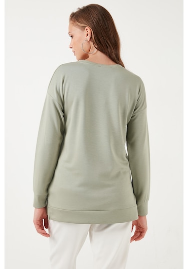 Lela Streç Oversize Fit Bisiklet Yaka Modal Kumaş Bayan Sweat 5865877 Olive