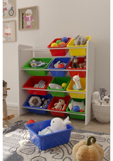 12 Sepetli Çok Amaçlı Oyuncak Dolabı Montessori Dolap Renkli Çok Renkli