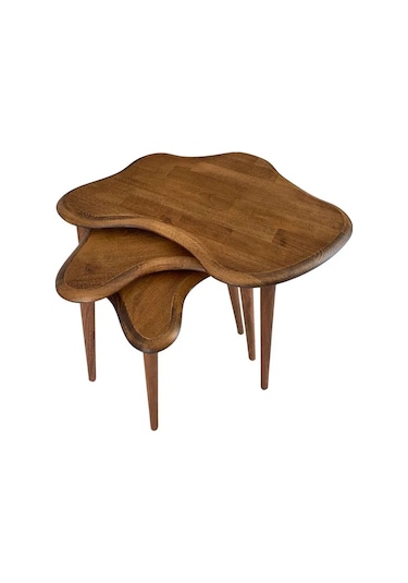 Fawdecor Asimetrik Masif Ahşap Zigon Sehpa Takımı 3'lü Set Ceviz