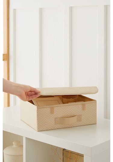 Ocean Home Textile 2'li Bej Balıksırtı Kapaklı Kutu Set 30 x 23 x 11 cm