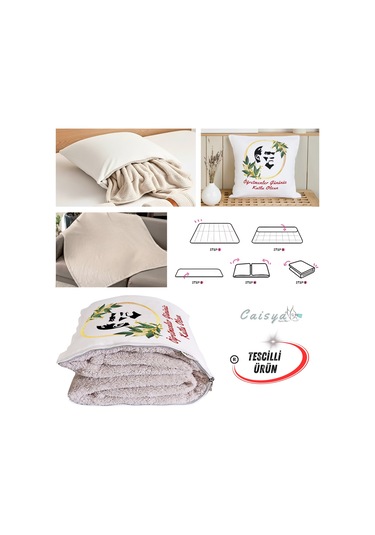 Öğretmenler Günü Atatürk Siluet Tv Battaniyeli Opsiyonel Dekoratif Yastık Kırlent 2in1 Battaniye Çok Renkli