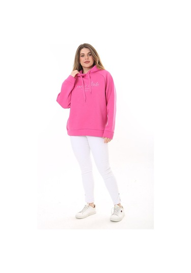 Kadın Büyük Beden Bebe Mavisi İçi Şardonlu 3 İplik Kumaş Kapşonlu Sweatshirt 65n37575-pembe Pembe