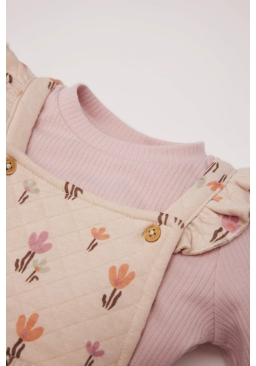 DeFacto Kız Bebek 2'li Takım Çiçekli Fitilli Kaşkorse Elbise Basic Düz Uzun Kollu Tişört D7252A524WNER120 Ekru